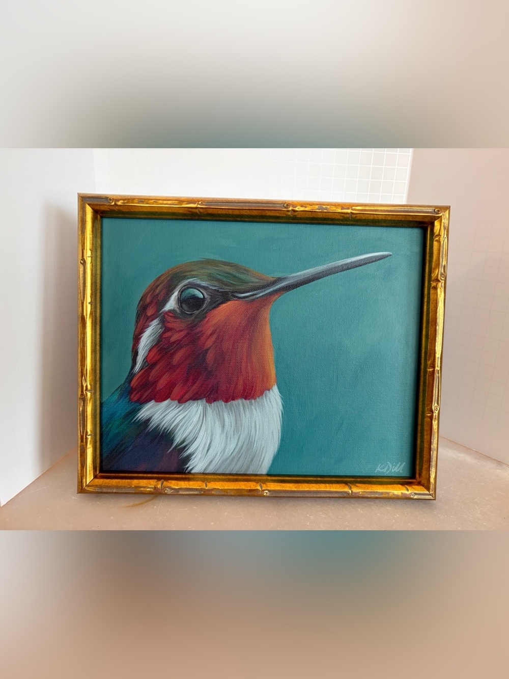 ORIGINAL Hand-Painted Hummingbird Wall Art - Teal & Red Framed Canvas